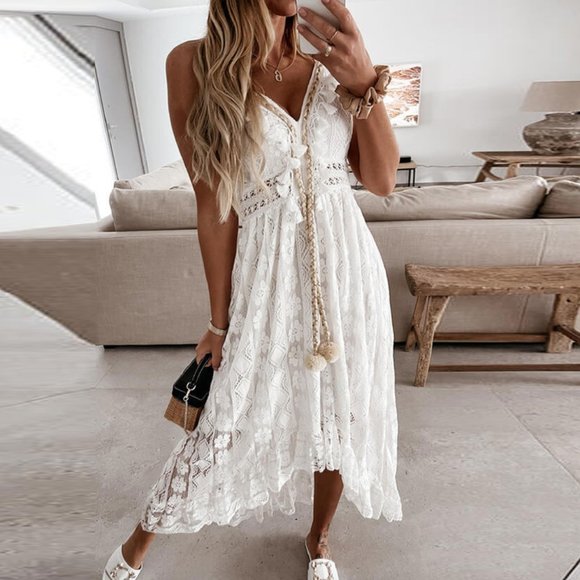 Boho White Lace Embroidered Tassel V-Neck Strapless Flowy Maxi Dress Sundress - Picture 3 of 10